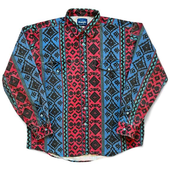 Wrangler Other - Vintage Wrangler Brushpopper Blue Red Teal Black Aztec Button Up Denim Shirt L